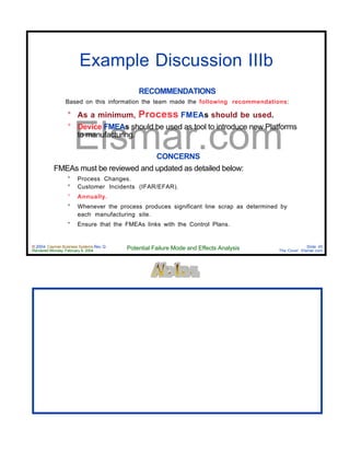 © 2004 Cayman Business Systems Rev: Q
Rendered Monday, February 9, 2004 Potential Failure Mode and Effects Analysis Slide 45
The Cove! Elsmar.com
Elsmar.com
Example Discussion IIIb
RECOMMENDATIONS
Based on this information the team made the following recommendations:
° As a minimum, Process FMEAs should be used.
° Device FMEAs should be used as tool to introduce new Platforms
to manufacturing.
CONCERNS
FMEAs must be reviewed and updated as detailed below:
° Process Changes.
° Customer Incidents (IFAR/EFAR).
° Annually.
° Whenever the process produces significant line scrap as determined by
each manufacturing site.
° Ensure that the FMEAs links with the Control Plans.
 