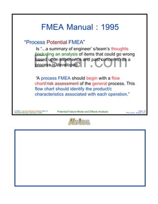 © 2004 Cayman Business Systems Rev: Q
Rendered Monday, February 9, 2004 Potential Failure Mode and Effects Analysis Slide 49
The Cove! Elsmar.com
Elsmar.com
FMEA Manual : 1995
“Process Potential FMEA”
Is “...a summary of engineer’ s/team’s thoughts
(including an analysis of items that could go wrong
based upon experience and past concerns) as a
process is developed.”
“A process FMEA should begin with a flow
chart/risk assessment of the general process. This
flow chart should identify the product/c
characteristics associated with each operation.”
 