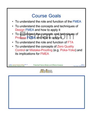 © 2004 Cayman Business Systems Rev: Q
Rendered Monday, February 9, 2004 Potential Failure Mode and Effects Analysis Slide 5
The Cove! Elsmar.com
Elsmar.com
Course Goals
• To understand the role and function of the FMEA
• To understand the concepts and techniques of
Design FMEA and how to apply it
• To understand the concepts and techniques of
Process FMEA and how to apply it
• To understand the role and function of FTA
• To understand the concepts of Zero Quality
Control or Mistake-Proofing (e.g. Poka-Yoke) and
its implications for FMEA
 