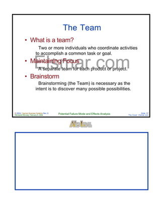 © 2004 Cayman Business Systems Rev: Q
Rendered Monday, February 9, 2004 Potential Failure Mode and Effects Analysis Slide 57
The Cove! Elsmar.com
Elsmar.com
The Team
• What is a team?
Two or more individuals who coordinate activities
to accomplish a common task or goal.
• Maintaining Focus
A separate team for each product or project.
• Brainstorm
Brainstorming (the Team) is necessary as the
intent is to discover many possible possibilities.
 