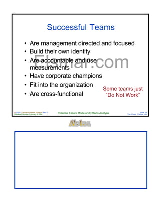 © 2004 Cayman Business Systems Rev: Q
Rendered Monday, February 9, 2004 Potential Failure Mode and Effects Analysis Slide 59
The Cove! Elsmar.com
Elsmar.com
Successful Teams
• Are management directed and focused
• Build their own identity
• Are accountable and use
measurements
• Have corporate champions
• Fit into the organization
• Are cross-functional
Some teams just
“Do Not Work”
 