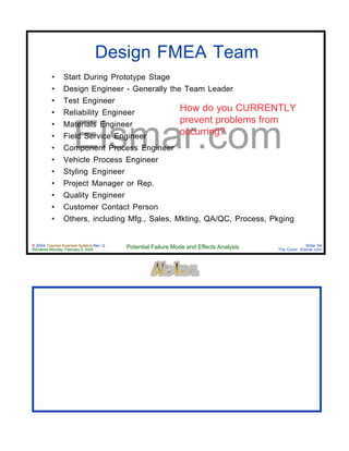 © 2004 Cayman Business Systems Rev: Q
Rendered Monday, February 9, 2004 Potential Failure Mode and Effects Analysis Slide 64
The Cove! Elsmar.com
Elsmar.com
• Start During Prototype Stage
• Design Engineer - Generally the Team Leader
• Test Engineer
• Reliability Engineer
• Materials Engineer
• Field Service Engineer
• Component Process Engineer
• Vehicle Process Engineer
• Styling Engineer
• Project Manager or Rep.
• Quality Engineer
• Customer Contact Person
• Others, including Mfg., Sales, Mkting, QA/QC, Process, Pkging
Design FMEA Team
How do you CURRENTLY
prevent problems from
occurring?
 