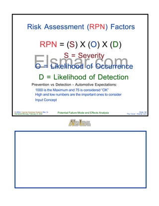 © 2004 Cayman Business Systems Rev: Q
Rendered Monday, February 9, 2004 Potential Failure Mode and Effects Analysis Slide 68
The Cove! Elsmar.com
Elsmar.com
Risk Assessment (RPN) Factors
RPN = (S) X (O) X (D)
S = Severity
O = Likelihood of Occurrence
D = Likelihood of Detection
Prevention vs Detection - Automotive Expectations:
1000 is the Maximum and 75 is considered “OK”
High and low numbers are the important ones to consider
Input Concept
 