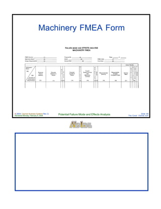 © 2004 Cayman Business Systems Rev: Q
Rendered Monday, February 9, 2004 Potential Failure Mode and Effects Analysis Slide 89
The Cove! Elsmar.com
Elsmar.com
Machinery FMEA Form
 