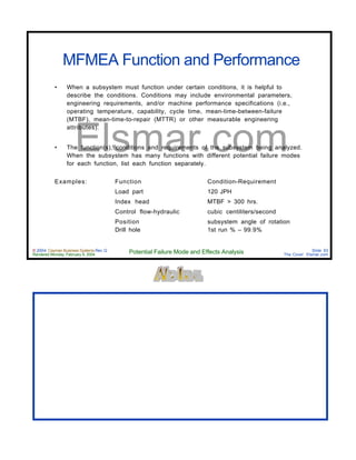 © 2004 Cayman Business Systems Rev: Q
Rendered Monday, February 9, 2004 Potential Failure Mode and Effects Analysis Slide 93
The Cove! Elsmar.com
Elsmar.com
MFMEA Function and Performance
• When a subsystem must function under certain conditions, it is helpful to
describe the conditions. Conditions may include environmental parameters,
engineering requirements, and/or machine performance specifications (i.e.,
operating temperature, capability, cycle time, mean-time-between-failure
(MTBF), mean-time-to-repair (MTTR) or other measurable engineering
attributes).
• The function(s), conditions and requirements of the subsystem being analyzed.
When the subsystem has many functions with different potential failure modes
for each function, list each function separately.
Examples: Function Condition-Requirement
Load part 120 JPH
Index head MTBF > 300 hrs.
Control flow-hydraulic cubic centiliters/second
Position subsystem angle of rotation
Drill hole 1st run % – 99.9%
 
