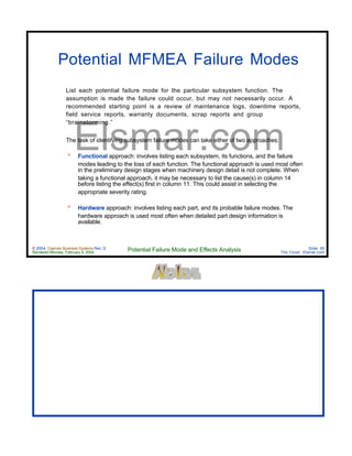 © 2004 Cayman Business Systems Rev: Q
Rendered Monday, February 9, 2004 Potential Failure Mode and Effects Analysis Slide 95
The Cove! Elsmar.com
Elsmar.com
Potential MFMEA Failure Modes
List each potential failure mode for the particular subsystem function. The
assumption is made the failure could occur, but may not necessarily occur. A
recommended starting point is a review of maintenance logs, downtime reports,
field service reports, warranty documents, scrap reports and group
“brainstorming.”
The task of identifying subsystem failure modes can take either of two approaches:
º Functional approach: involves listing each subsystem, its functions, and the failure
modes leading to the loss of each function. The functional approach is used most often
in the preliminary design stages when machinery design detail is not complete. When
taking a functional approach, it may be necessary to list the cause(s) in column 14
before listing the effect(s) first in column 11. This could assist in selecting the
appropriate severity rating.
º Hardware approach: involves listing each part, and its probable failure modes. The
hardware approach is used most often when detailed part design information is
available.
 