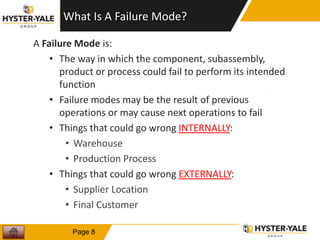 What Is A Failure Mode?
A Failure Mode is:
• The way in which the component, subassembly,
product or process could fail to perform its intended
function
• Failure modes may be the result of previous
operations or may cause next operations to fail
• Things that could go wrong INTERNALLY:
• Warehouse
• Production Process
• Things that could go wrong EXTERNALLY:
• Supplier Location
• Final Customer
8
Page 8
 