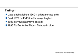 Tarihçe Uzay endüstrisinde 1960 lı yıllarda ortaya çıktı Ford 1972  de FMEA kullanmaya başladı  1988  de yaygınlaşmaya başladı 1993 FMEA Kalite Sistem Standardı  oldu Thema des Vortrags I Abt. I TT. Monat JJJJ I Folie:  