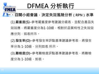 11
DFMEA 分析執行
一、召開小組會議，決定失效風險分析（RPN）水準
(1).嚴重度(S)–參考嚴重度參考建議分級表，並配合產品失
效效應，將嚴重度分為1-10級，相對於品質特性之失效效
應分列，如表所示。
(2).發生率(O)–參考發生率評點基準建議參考表，將發生
率分為 1-10級，分列如表 所示。
(3).難檢度(D)–參考難檢度評點基準建議參考表，將難檢
度分為 1-10級，如表。
 