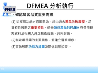 13
DFMEA 分析執行
二、確認顧客品質重要需求
(1) 從模組功能方塊圖開始，經由過去產品失敗履歷、品
質特性展開之重要特性，過去類似產品的FMEA 與各項研
究資料及相關人員之技術經驗，共同討論。
(2)制定項目間的主要關係，並建立邏輯順序。
(3)首先展開功能方塊圖及關係說明如表 。
 