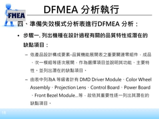 18
DFMEA 分析執行
四、準備失效模式分析表進行DFMEA 分析：
• 步驟一. 列出機種在設計過程有關的品質特性或潛在的
缺點項目：
– 依產品設計構成要素-品質機能展開表之重要關連零組件，成品
、次一模組等逐次展開，作為選擇項目並說明其功能、主要特
性。並列出潛在的缺點項目。
– 由表中列為A 等級者計有 DMD Driver Module、Color Wheel
Assembly、Projection Lens、Control Board、Power Board
、Front Bezel Module…等，故依其重要性逐一列出其潛在的
缺點項目。
 