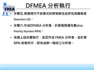 22
DFMEA 分析執行
• 步驟五.根據現行不良模式的管制辦法並評估其難檢度
Detection (D)。
• 步驟六.作成DFMEA 分析表，計算風險優先數(Risk
Priority Number RPN)。
• 依據上述步驟執行，直至作成 FMEA 分析表，並計算
RPN 如表所示，即完成第一階段之分析表。
 