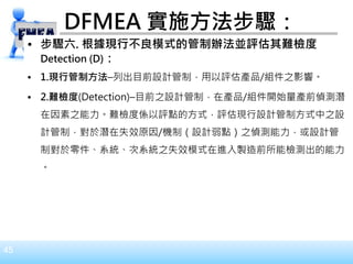 45
DFMEA 實施方法步驟：
• 步驟六. 根據現行不良模式的管制辦法並評估其難檢度
Detection (D)：
• 1.現行管制方法–列出目前設計管制，用以評估產品/組件之影響。
• 2.難檢度(Detection)–目前之設計管制，在產品/組件開始量產前偵測潛
在因素之能力。難檢度係以評點的方式，評估現行設計管制方式中之設
計管制，對於潛在失效原因/機制（設計弱點）之偵測能力，或設計管
制對於零件、系統、次系統之失效模式在進入製造前所能檢測出的能力
。
 