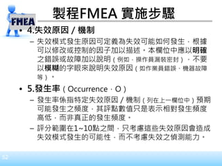 52
製程FMEA 實施步驟
• 4.失效原因／機制
– 失效模式發生原因可定義為失效可能如何發生，根據
可以修改或控制的因子加以描述。本欄位中應以明確
之錯誤或故障加以說明（例如，操作員漏裝密封），不要
以模糊的字眼來說明失效原因（如作業員錯誤、機器故障
等）。
• 5.發生率（Occurrence，O）
– 發生率係指特定失效原因／機制（列在上一欄位中）預期
可能發生之頻度，其評點數值只是表示相對發生頻度
高低，而非真正的發生頻度。
– 評分範圍在1~10點之間，只考慮這些失效原因會造成
失效模式發生的可能性，而不考慮失效之偵測能力。
 