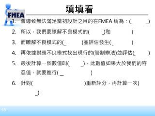 55
填填看
1. 會導致無法滿足當初設計之目的在FMEA 稱為：( 失效模式 )
2. 所以，我們要瞭解不良模式的( 效應 )和( 嚴重度 )
3. 而瞭解不良模式的( 原因 )並評估發生( 頻度 )
4. 再依據對應不良模式找出現行的(管制辦法)並評估( 難檢度 )
5. 最後計算一個數值叫( RPN )，此數值如果大於我們的容
忍值，就要進行( 改善措施 )
6. 針對(效應、發生率、檢測性)重新評分，再計算一次(
RPN )
 