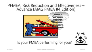 Why does it
always seem we
have plenty of
time to fix our
problems, but
never enough
time to prevent
the problems by
doing it right the
first time?
PFMEA, Risk Reduction and Effectiveness –
Advance (AIAG FMEA #4 Edition)
24-07-2018 Advance PFMEA By Prashant Rasekar Page # 01
Is your FMEA performing for you?
 