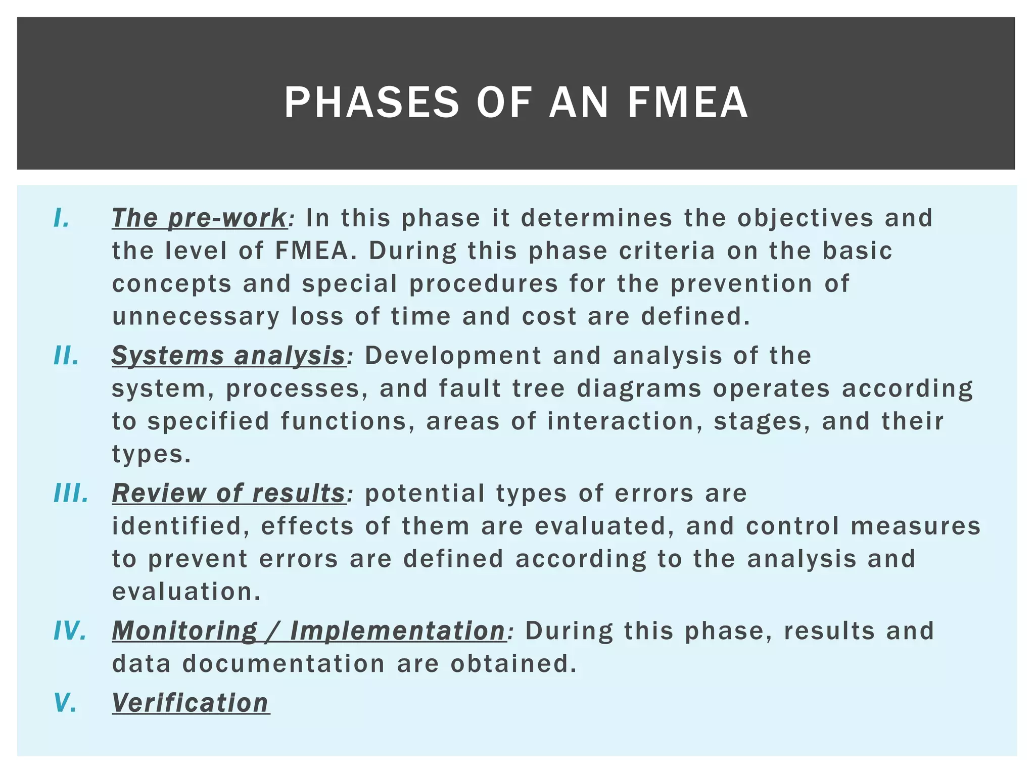 I. The pre-work: In this phase it determines the objectives and
the level of FMEA. During this phase criteria on the basic
concepts and special procedures for the prevention of
unnecessary loss of time and cost are defined.
II. Systems analysis: Development and analysis of the
system, processes, and fault tree diagrams operates according
to specified functions, areas of interaction, stages, and their
types.
III. Review of results: potential types of errors are
identified, effects of them are evaluated, and control measures
to prevent errors are defined according to the analysis and
evaluation.
IV. Monitoring / Implementation: During this phase, results and
data documentation are obtained.
V. Verification
PHASES OF AN FMEA
 