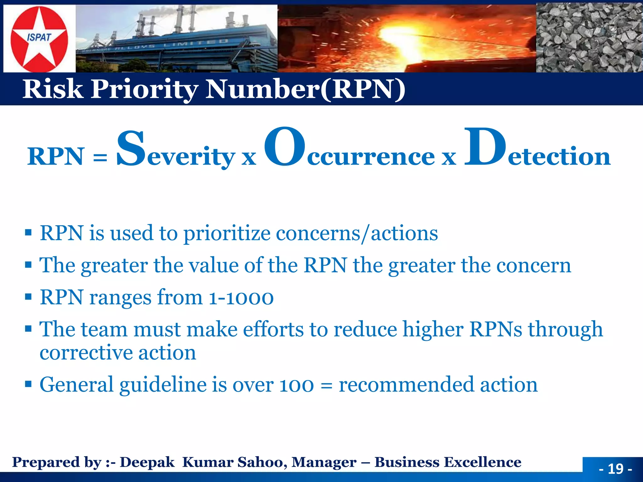 Prepared by :-Deepak Kumar Sahoo, Manager –Business Excellence 
Risk Priority Number(RPN) 
RPN = Severity x Occurrence x Detection 
RPN is used to prioritize concerns/actions 
The greater the value of the RPN the greater the concern 
RPN ranges from 1-1000 
The team must make efforts to reduce higher RPNs through corrective action 
General guideline is over 100 = recommended action 
-19 -  