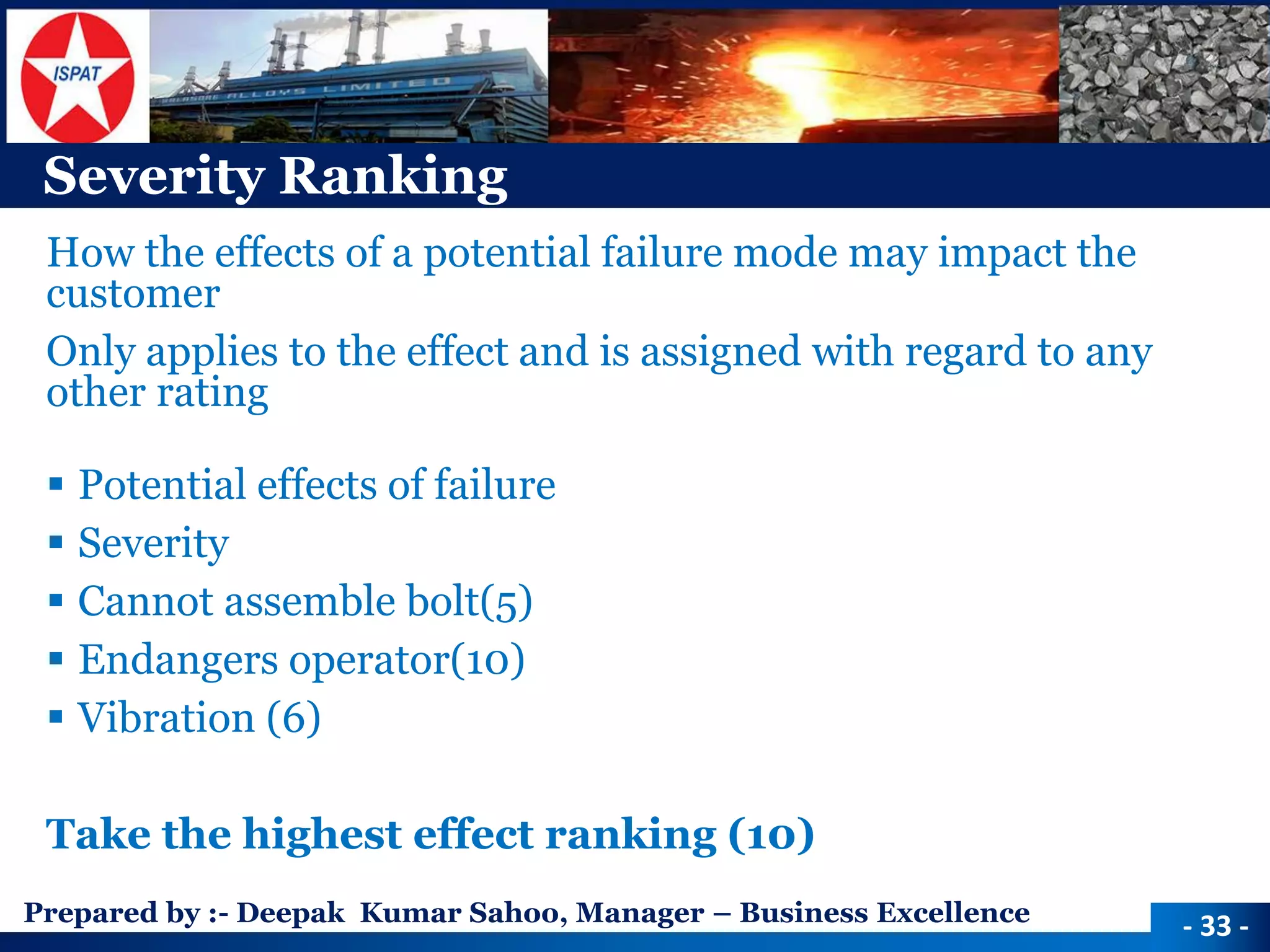 Prepared by :-Deepak Kumar Sahoo, Manager –Business Excellence 
Severity Ranking 
How the effects of a potential failure mode may impact the customer 
Only applies to the effect and is assigned with regard to any other rating 
Potential effects of failure 
Severity 
Cannot assemble bolt(5) 
Endangers operator(10) 
Vibration (6) 
Take the highest effect ranking (10) 
-33 -  