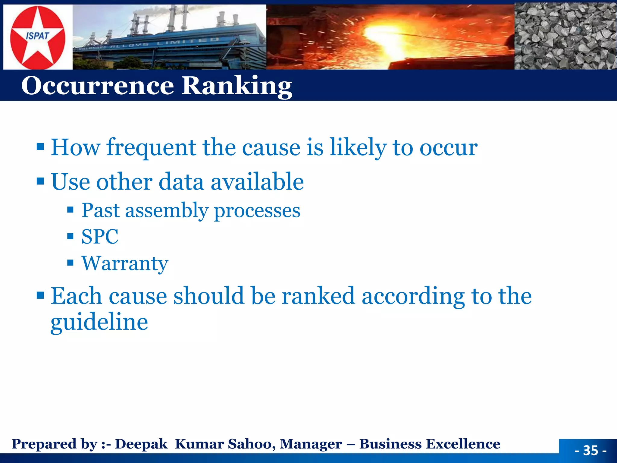 Prepared by :-Deepak Kumar Sahoo, Manager –Business Excellence 
Occurrence Ranking 
How frequent the cause is likely to occur 
Use other data available 
Past assembly processes 
SPC 
Warranty 
Each cause should be ranked according to the guideline 
-35 -  