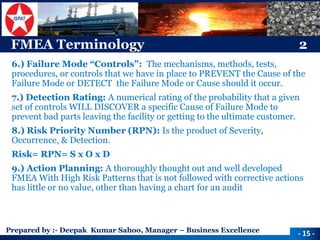 Prepared by :-Deepak Kumar Sahoo, Manager –Business Excellence 
FMEA Terminology2 
6.) Failure Mode “Controls”: The mechanisms, methods, tests, procedures, or controls that we have in place to PREVENT the Cause of the Failure Mode or DETECT the Failure Mode or Cause should it occur. 
7.) Detection Rating: A numerical rating of the probability that a given set of controls WILL DISCOVER a specific Cause of Failure Mode to prevent bad parts leaving the facility or getting to the ultimate customer. 
8.) Risk Priority Number (RPN): Is the product of Severity, Occurrence, & Detection. 
Risk= RPN= S x O x D 
9.) Action Planning: A thoroughly thought out and well developed FMEA With High Risk Patterns that is not followed with corrective actions has little or no value, other than having a chart for an audit 
-15 -  