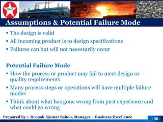Prepared by :-Deepak Kumar Sahoo, Manager –Business Excellence 
Assumptions & Potential Failure Mode 
The design is valid 
All incoming product is to design specifications 
Failures can but will not necessarily occur 
Potential Failure Mode 
How the process or product may fail to meet design or quality requirements 
Many process steps or operations will have multiple failure modes 
Think about what has gone wrong from past experience and what could go wrong 
-30 -  