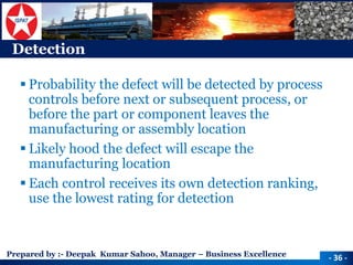 Prepared by :-Deepak Kumar Sahoo, Manager –Business Excellence 
Detection 
Probability the defect will be detected by process controls before next or subsequent process, or before the part or component leaves the manufacturing or assembly location 
Likely hood the defect will escape the manufacturing location 
Each control receives its own detection ranking, use the lowest rating for detection 
-36 -  