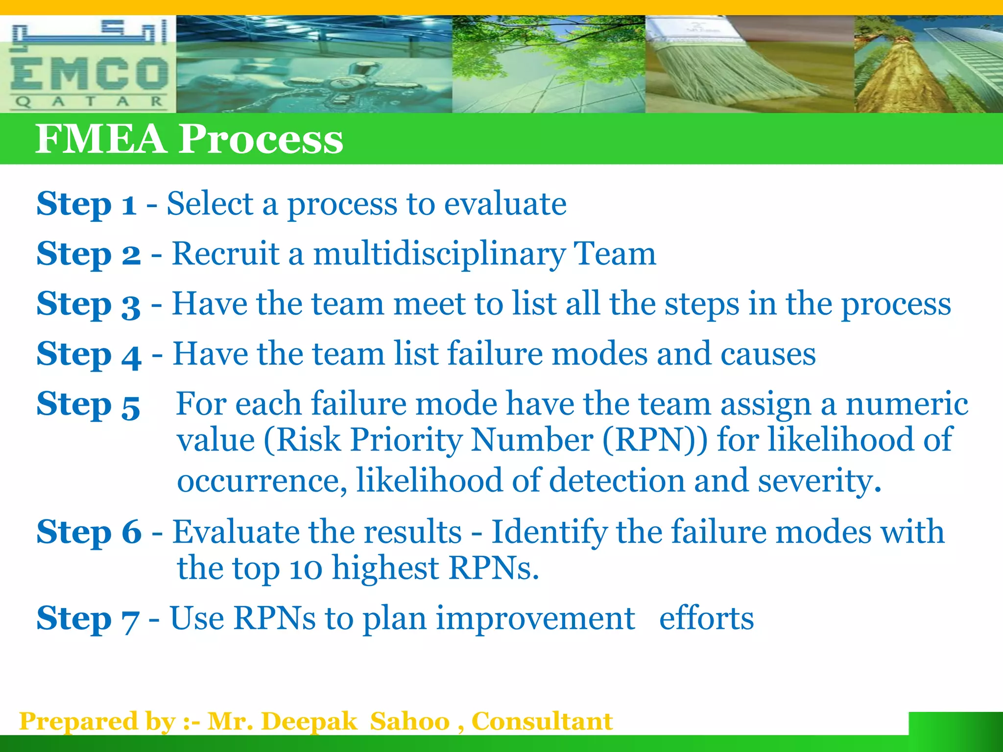 FMEA Process
 Step 1 - Select a process to evaluate
 Step 2 - Recruit a multidisciplinary Team
 Step 3 - Have the team meet to list all the steps in the process
 Step 4 - Have the team list failure modes and causes
 Step 5 For each failure mode have the team assign a numeric
          value (Risk Priority Number (RPN)) for likelihood of
          occurrence, likelihood of detection and severity.
 Step 6 - Evaluate the results - Identify the failure modes with
          the top 10 highest RPNs.
 Step 7 - Use RPNs to plan improvement efforts


Prepared by :- Mr. Deepak Sahoo , Consultant
 