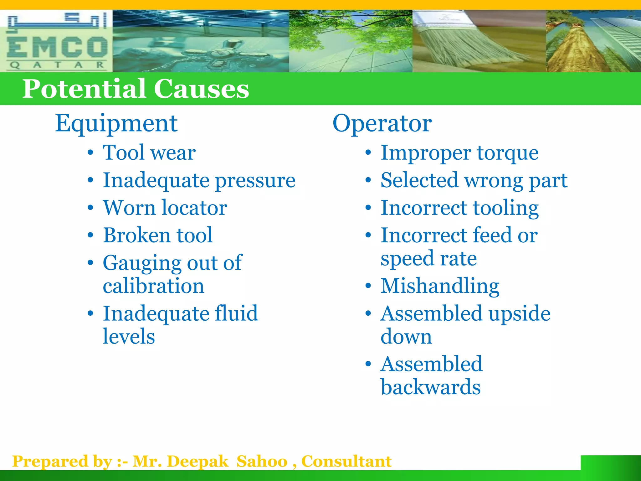Potential Causes
    Equipment                        Operator
        • Tool wear                     • Improper torque
        • Inadequate pressure           • Selected wrong part
        • Worn locator                  • Incorrect tooling
        • Broken tool                   • Incorrect feed or
        • Gauging out of                  speed rate
          calibration                   • Mishandling
        • Inadequate fluid              • Assembled upside
          levels                          down
                                        • Assembled
                                          backwards


Prepared by :- Mr. Deepak Sahoo , Consultant
 