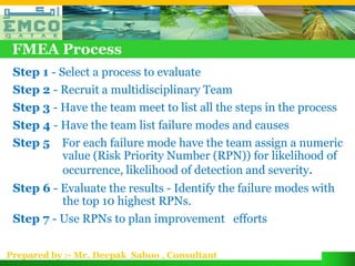 FMEA Process
 Step 1 - Select a process to evaluate
 Step 2 - Recruit a multidisciplinary Team
 Step 3 - Have the team meet to list all the steps in the process
 Step 4 - Have the team list failure modes and causes
 Step 5 For each failure mode have the team assign a numeric
          value (Risk Priority Number (RPN)) for likelihood of
          occurrence, likelihood of detection and severity.
 Step 6 - Evaluate the results - Identify the failure modes with
          the top 10 highest RPNs.
 Step 7 - Use RPNs to plan improvement efforts


Prepared by :- Mr. Deepak Sahoo , Consultant
 