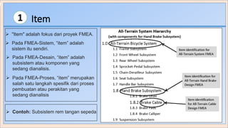Item1
 "Item" adalah fokus dari proyek FMEA.
 Pada FMEA-Sistem, “item” adalah
sistem itu sendiri.
 Pada FMEA-Desain, “item” adalah
subsistem atau komponen yang
sedang dianalisis.
 Pada FMEA-Proses, “item” merupakan
salah satu langkah spesifik dari proses
pembuatan atau perakitan yang
sedang dianalisis
 Contoh: Subsistem rem tangan sepeda
 