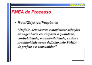 FMEAFMEA--FTAFTA
FMEA d PFMEA d PFMEA de ProcessoFMEA de Processo
•• Meta/Objetivo/PropósitoMeta/Objetivo/Propósito
“Definir, demonstrar e maximizar soluções“Definir, demonstrar e maximizar soluções
de engenharia em resposta à qualidade,de engenharia em resposta à qualidade,
confiabilidade, manutenibilidade, custos econfiabilidade, manutenibilidade, custos ef , ,f , ,
produtividade como definido pelo FMEAprodutividade como definido pelo FMEA
de projeto e o consumidor”de projeto e o consumidor”de projeto e o consumidorde projeto e o consumidor
 
