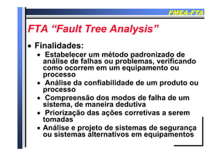 FMEAFMEA--FTAFTA
FTA “F l T A l i ”FTA “F l T A l i ”FTA “Fault Tree Analysis”FTA “Fault Tree Analysis”
Fi lid dFi lid d Finalidades:Finalidades:
 Estabelecer um método padronizado de
análise de falhas ou problemas verificandoanálise de falhas ou problemas, verificando
como ocorrem em um equipamento ou
processop
 Análise da confiabilidade de um produto ou
processo
C ã d d d f lh d Compreensão dos modos de falha de um
sistema, de maneira dedutiva
 Priorização das ações corretivas a serem Priorização das ações corretivas a serem
tomadas
 Análise e projeto de sistemas de segurançap j g ç
ou sistemas alternativos em equipamentos
 