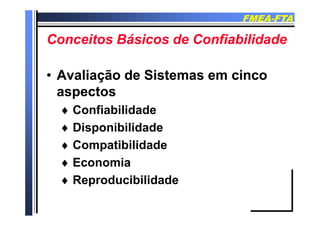 FMEAFMEA--FTAFTA
C it Bá i d C fi bilid dC it Bá i d C fi bilid dConceitos Básicos de ConfiabilidadeConceitos Básicos de Confiabilidade
•• Avaliação de Sistemas em cincoAvaliação de Sistemas em cinco
ttaspectosaspectos
 Confiabilidade Confiabilidade
 Disponibilidade
 Compatibilidade
 Economia Economia
 Reproducibilidade
 