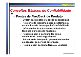 FMEAFMEA--FTAFTA
Conceitos Básicos de ConfiabilidadeConceitos Básicos de Confiabilidade
F t dF t d F db kF db k d P d td P d t
II
•• Fontes deFontes de FeedbackFeedback de Produtode Produto
 Ordem para reparo ou peças de reposição
ó ú Relatório da indústria sobre problemas ou
estatísticas de desempenho/confiabilidade
 Informações trocadas em conferências Informações trocadas em conferências
técnicas ou feiras de negócios.
 Pesquisa com o consumidor pêlosq p
vendedores ou os negociantes
 Relatório de serviço do pessoal de vendas
l d i t i dou pessoal de serviço autorizado
 Reunião com consumidores ou usuários
 