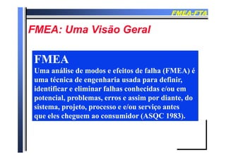 FMEAFMEA--FTAFTA
FMEA U Vi ã G lFMEA U Vi ã G lFMEA: Uma Visão GeralFMEA: Uma Visão Geral
FMEAFMEAFMEAFMEAFMEAFMEA
Uma análise de modos e efeitos de falha (FMEA) éUma análise de modos e efeitos de falha (FMEA) é
uma técnica de engenharia usada para definiruma técnica de engenharia usada para definir
FMEAFMEA
Uma análise de modos e efeitos de falha (FMEA) éUma análise de modos e efeitos de falha (FMEA) é
uma técnica de engenharia usada para definiruma técnica de engenharia usada para definiruma técnica de engenharia usada para definir,uma técnica de engenharia usada para definir,
identificar e eliminar falhas conhecidas e/ou emidentificar e eliminar falhas conhecidas e/ou em
potencial problemas erros e assim por diante dopotencial problemas erros e assim por diante do
uma técnica de engenharia usada para definir,uma técnica de engenharia usada para definir,
identificar e eliminar falhas conhecidas e/ou emidentificar e eliminar falhas conhecidas e/ou em
potencial problemas erros e assim por diante dopotencial problemas erros e assim por diante dopotencial, problemas, erros e assim por diante, dopotencial, problemas, erros e assim por diante, do
sistema, projeto, processo e e/ou serviço antessistema, projeto, processo e e/ou serviço antes
que eles cheguem ao consumidor (ASQC 1983)que eles cheguem ao consumidor (ASQC 1983)
potencial, problemas, erros e assim por diante, dopotencial, problemas, erros e assim por diante, do
sistema, projeto, processo e e/ou serviço antessistema, projeto, processo e e/ou serviço antes
que eles cheguem ao consumidor (ASQC 1983)que eles cheguem ao consumidor (ASQC 1983)que eles cheguem ao consumidor (ASQC 1983).que eles cheguem ao consumidor (ASQC 1983).que eles cheguem ao consumidor (ASQC 1983).que eles cheguem ao consumidor (ASQC 1983).
 