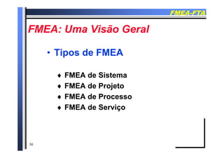 FMEAFMEA--FTAFTA
FMEA U Vi ã G lFMEA U Vi ã G lFMEA: Uma Visão GeralFMEA: Uma Visão Geral
•• Tipos de FMEATipos de FMEA
 FMEA de Sistema
 FMEA de Projeto
 FMEA de Processo FMEA de Processo
 FMEA de Serviço
50
 