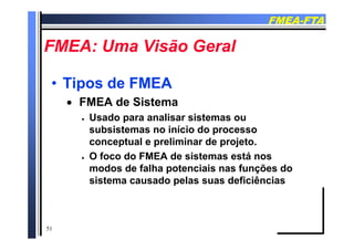 FMEAFMEA--FTAFTA
FMEA U Vi ã G lFMEA U Vi ã G lFMEA: Uma Visão GeralFMEA: Uma Visão Geral
•• Tipos de FMEATipos de FMEA
 FMEA de Sistema
 Usado para analisar sistemas ou
subsistemas no início do processo
conceptual e preliminar de projeto.
O f d FMEA d i t tá O foco do FMEA de sistemas está nos
modos de falha potenciais nas funções do
sistema causado pelas suas deficiênciassistema causado pelas suas deficiências
51
 