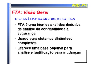 FMEAFMEA--FTAFTA
FTA Vi ã G lFTA Vi ã G lFTA: Visão GeralFTA: Visão Geral
FTA ANÁLISE DA ÁRVORE DE FALHASFTA ANÁLISE DA ÁRVORE DE FALHAS
•• FTA é uma técnica analítica dedutivaFTA é uma técnica analítica dedutiva
FTA: ANÁLISE DA ÁRVORE DE FALHASFTA: ANÁLISE DA ÁRVORE DE FALHAS
FTA é uma técnica analítica dedutivaFTA é uma técnica analítica dedutiva
de análise da confiabilidade ede análise da confiabilidade e
segurançasegurançasegurançasegurança
•• Usado para sistemas dinâmicosUsado para sistemas dinâmicos
complexoscomplexos
•• Oferece uma base objetiva paraOferece uma base objetiva paraOferece uma base objetiva paraOferece uma base objetiva para
análise e justificação para mudançasanálise e justificação para mudanças
 