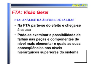 FMEAFMEA--FTAFTA
FTA Vi ã G lFTA Vi ã G lFTA: Visão GeralFTA: Visão Geral
Á ÁÁ Á
•• Na FTA parteNa FTA parte--se do efeito e chegase do efeito e chega--sese
FTA: ANÁLISE DA ÁRVORE DE FALHASFTA: ANÁLISE DA ÁRVORE DE FALHAS
Na FTA parteNa FTA parte--se do efeito e chegase do efeito e chega--sese
à causaà causa
•• PodePode--se examinar a possibilidade dese examinar a possibilidade de
falhas nas peças e componentes defalhas nas peças e componentes dep ç pp ç p
nível mais elementar e quais as suasnível mais elementar e quais as suas
conseqüências nos níveisconseqüências nos níveisconseqüências nos níveisconseqüências nos níveis
hierárquicos superiores do sistemahierárquicos superiores do sistema
 