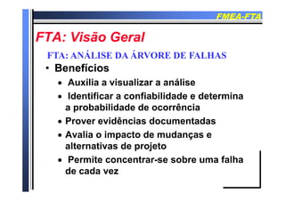 FMEAFMEA--FTAFTA
FTA Vi ã G lFTA Vi ã G lFTA: Visão GeralFTA: Visão Geral
FTA: ANÁLISE DA ÁRVORE DE FALHASFTA: ANÁLISE DA ÁRVORE DE FALHAS
•• BenefíciosBenefícios
FTA: ANÁLISE DA ÁRVORE DE FALHASFTA: ANÁLISE DA ÁRVORE DE FALHAS
 Auxilia a visualizar a análise
 Identificar a confiabilidade e determina
a probabilidade de ocorrência
 Prover evidências documentadasProver evidências documentadas
 Avalia o impacto de mudanças e
alternativas de projetoalternativas de projeto
 Permite concentrar-se sobre uma falha
d dde cada vez
 