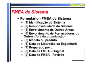 FMEAFMEA--FTAFTA
FMEA d SiFMEA d SiFMEA de SistemaFMEA de Sistema
F lá iF lá i FMEA d Si tFMEA d Si t FormulárioFormulário -- FMEA de SistemaFMEA de Sistema
 (1) Identificação do Sistema
(2) R bilid d d Si t (2) Responsabilidade do Sistema
 (3) Envolvimento de Outras Áreas
(4) E l i t d F d (4) Envolvimento de Fornecedores ou
Outros (fora da organização)
 (5) Modelo ou produto (5) Modelo ou produto
 (6) Data de Liberação da Engenharia
 (7) Preparado por (7) Preparado por ...
 (8) Data da FMEA - Original
 (9) Data da FMEA Revisão (9) Data da FMEA - Revisão
 