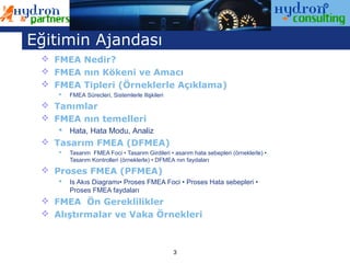 Eğitimin Ajandası
  FMEA Nedir?
  FMEA nın Kökeni ve Amacı
  FMEA Tipleri (Örneklerle Açıklama)
       FMEA Sürecleri, Sistemlerle Ilişkileri
  Tanımlar
  FMEA nın temelleri
     Hata, Hata Modu, Analiz
  Tasarım FMEA (DFMEA)
       Tasarım FMEA Foci • Tasarım Girdileri • asarım hata sebepleri (örneklerle) •
        Tasarım Kontrolleri (örneklerle) • DFMEA nın faydaları
  Proses FMEA (PFMEA)
       Is Akıs Diagramı• Proses FMEA Foci • Proses Hata sebepleri •
        Proses FMEA faydaları
  FMEA Ön Gereklilikler
  Alıştırmalar ve Vaka Örnekleri



                                                 3
 