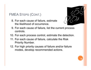 FMEA STEPS (CONT.)
8. For each cause of failure, estimate
the likelihood of occurrence.
9. For each cause of failure, list the current process
controls.
10. For each process control, estimate the detection.10. For each process control, estimate the detection.
11. For each cause of failure, calculate the Risk
Priority Number.
12. For high priority causes of failure and/or failure
modes, develop recommended actions.
32
 