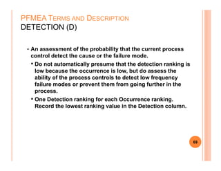 - An assessment of the probability that the current process
control detect the cause or the failure mode.
• Do not automatically presume that the detection ranking is
low because the occurrence is low, but do assess the
ability of the process controls to detect low frequency
failure modes or prevent them from going further in the
PFMEA TERMS AND DESCRIPTION
DETECTION (D)
failure modes or prevent them from going further in the
process.
• One Detection ranking for each Occurrence ranking.
Record the lowest ranking value in the Detection column.
69
 