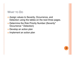 WHAT TO DO
Assign values to Severity, Occurrence, and
Detection using the tables on the next three pages.
Determine the Risk Priority Number (Severity*
Occurrence * Detection)
Develop an action planDevelop an action plan
Implement an action plan
88
 