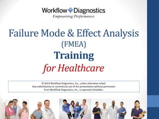 Failure Mode & Effect Analysis
(FMEA)

Training
for Healthcare
© 2013 Workflow Diagnostics, Inc., unless otherwise noted.
Any redistribution or commercial use of this presentation without permission
from Workflow Diagnostics, Inc., is expressly forbidden.

 