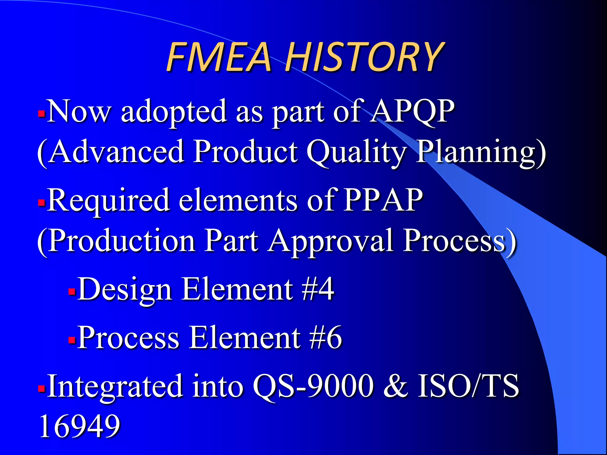 What do we need to do next?FMEA HISTORYOriginally developed in the 1940’s for the US military