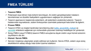 FMEA TÜRLERİ
• Tasarım FMEA
 Potansiyel veya bilinen hata türlerini tanımlayan, ilk üretim gerçekleşmeden hataların
tanımlanması ve düzeltici faaliyetlerin uygulanmasını sağlayan bir yöntemdir.
 Tasarım aşamasının başlarında sistemlerin, alt sistemlerin analizinde kullanılır. Tasarım
hatalarından kaynaklanan, sistem fonksiyonları üzerindeki potansiyel hata türleri ile ilgilenir.
• Proses FMEA
 Tasarım HTEA ve müşteri tarafından tanımlanmış olan kalite, güvenilirlik, maliyet ve
verimlilik kriterlerini sağlamak için mühendislik çözümleri üretmeyi hedefleyen bir yöntemdir.
 Süreç FMEA (veya P-FMEA) tasarım FMEA sonuçlarına dayalı üretim veya hizmet sürecinin
zayıflıklarını ele alır.
• Hizmet / Servis FMEA
 Servisin müşteriye ulaşmadan analiz edilmesi için kullanılır. Servis HTEA, sistem veya süreç
eksikliklerinin sebep olduğu hata türleri üzerine odaklanır
 