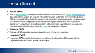 FMEA TÜRLERİ
• Sistem FMEA
 Bütün donanımların ve tasarımın tamamlanmasının sonrasında üretim, kalite güvence
gibi sistemlerin akışını en elverişli hale getirmek için kullanılan bir yöntemdir. Sistem
FMEA (veya S-FMEA) üstün bir sistemin alt sistemlerinin etkileşimlerini veya karmaşık
bir sistemin çeşitli bileşenlerinin etkileşimini muayene etmektedir. Olası güvenlik
açıklarının ve özellikle tek tek bileşenlerin etkileşiminden kaynaklanan ara yüzlerin
belirlenmesini hedefler veya sistemin çevre ile etkileşimini inceler.
• Software FMEA
 Software FMEA üretilen program kodu ile aynı görevi gerçekleştirir.
• Hardware FMEA
 Hardware FMEA’nin hedefi donanım ve elektronik alanında riskleri analiz etmek,
değerlendirmek ve önlem alarak kapatmaktır.
 